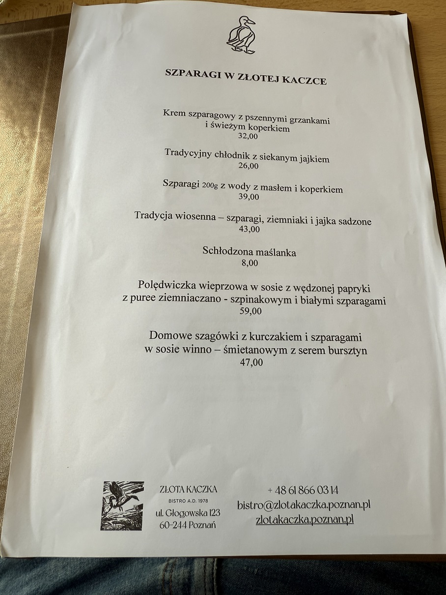 Menu sezonowe restauracja Złota Kaczka