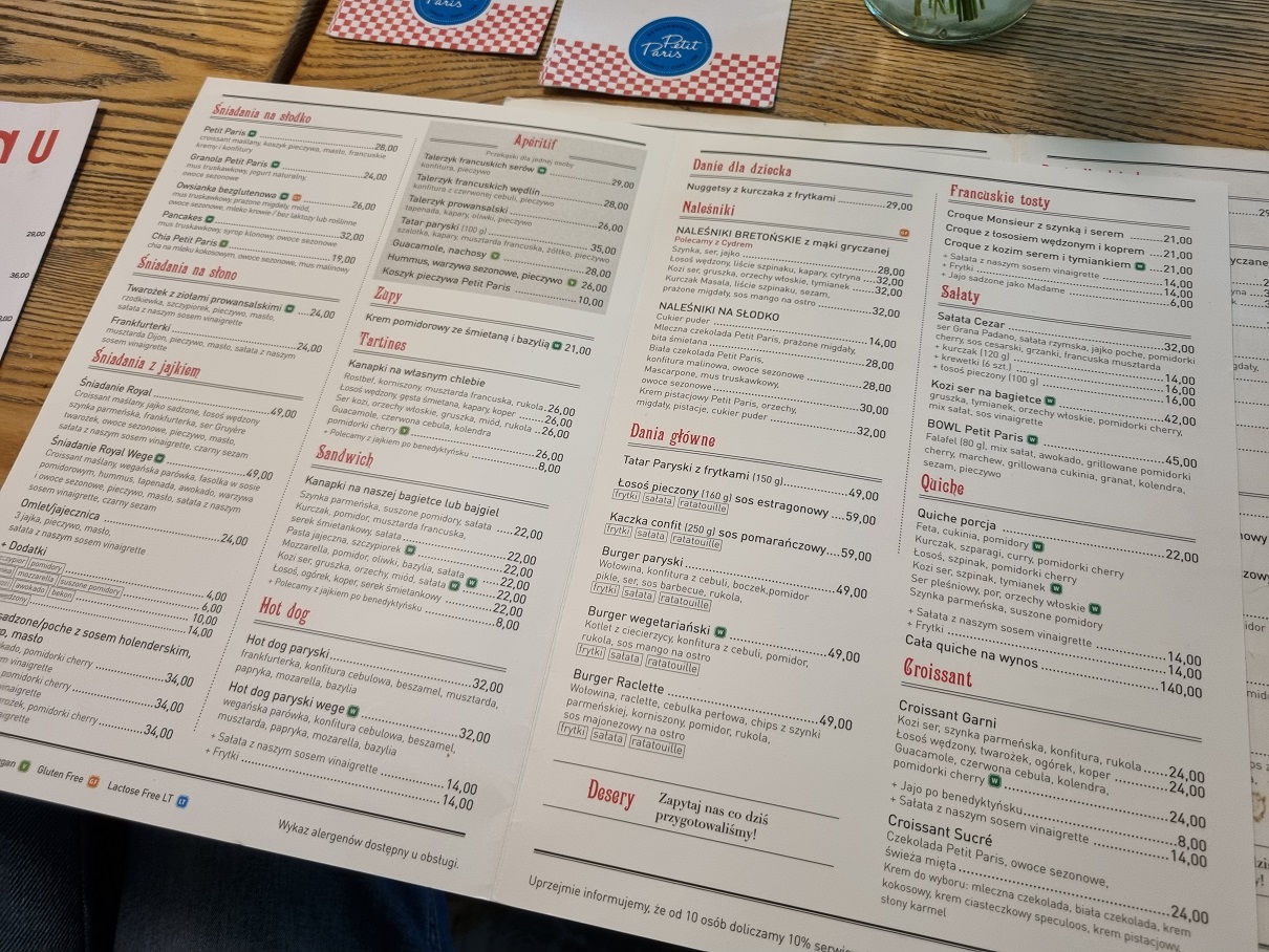 menu restauracji petit paris
