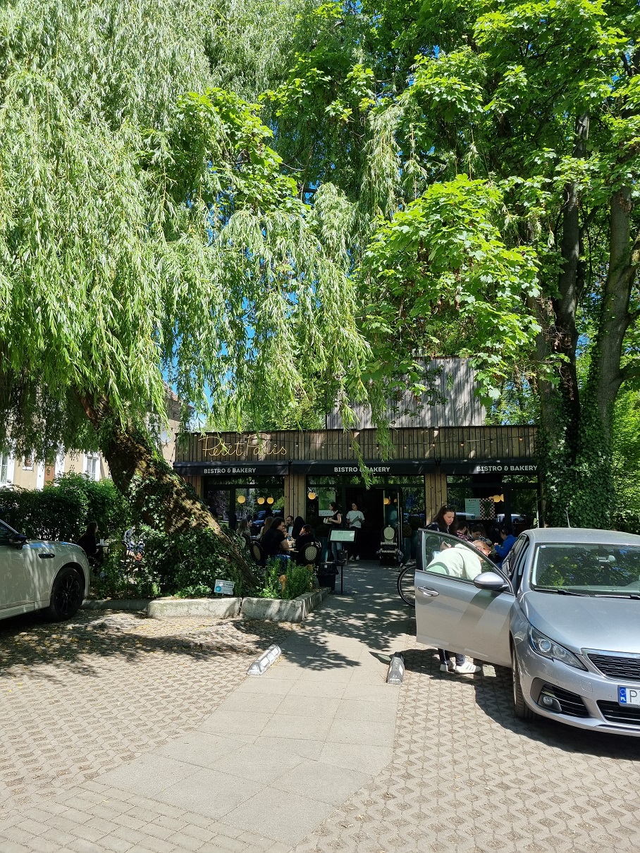 parking samochodowy, w tle restauracja