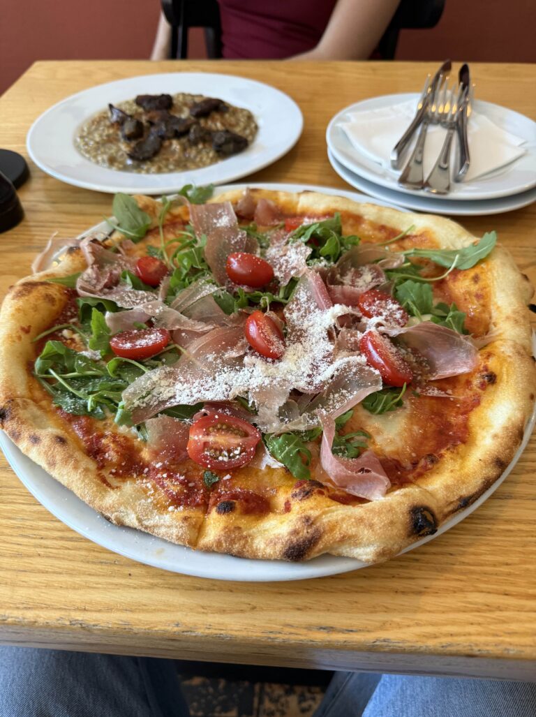 Pizza Prosciutto Crudo e Rucola z szynką parmeńską, rukolą i pomidorkami koktajlowymi podana na białym talerzu.
